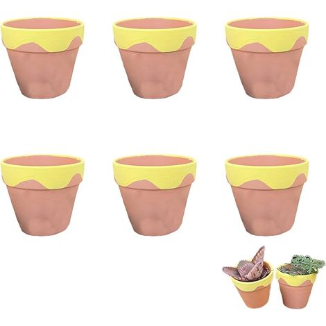 Ensemble de 6 pots en terre cuite pour Cactus, Fleurs, Succulants, pour Jardinage, Bricolage ou Cadeaux de Mariage (5,5 x 5 cm - Brun et Jaune) (1/5)
