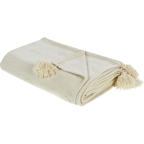 Colcha decorativa ropa de cama algodón chenilla con borlas beige 150 x 200 cm Kazy