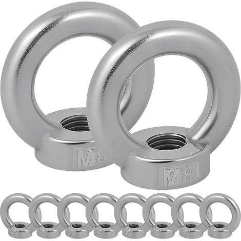 10 Pcs Écrous Anneau Levage M8, Noix Bague Acier Inoxydable 304, Écrou Annulaires Femelle Fixateur Fileté, Accessoires Montage Corde pour Fixer Pots Fleurs, Auvents, Cordes à Linge, Crochet Balancoir (1/5)