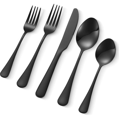 Ménagère 30 pièces, couverts en acier inoxydable, finition miroir, lavables au lave-vaisselle, avec couteau, fourchette, cuillère, pour cuisine, maison, 6 personnes, noir (1/5)
