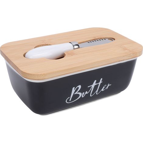 Burriera rettangolare in ceramica con coltello multifunzionale, burriera in stile occidentale, portaformaggio e burro con bordo colorato, nero