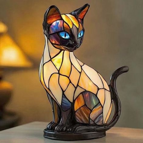 Chat siamois (type A) Taille : 17 cm Interrupteur USB indépendant - Veilleuse LED décorative en résine, statuette animale artist