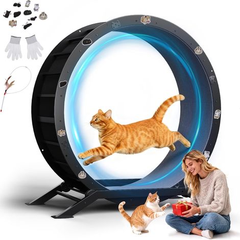 Roue pour Chat, Roue d'exercice pour Chat, XL- 100 cm, Ultra-silencieuse avec Tapis Amovible, Autocollants, système de Verrouillage, métal, Noir, Cadeaux pour Votre Chats (1/5)