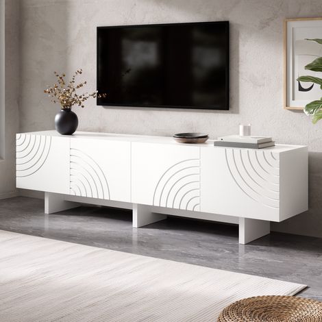 Mueble de TV con 4 Puertas y Pasacables, Frentes en Relieve con Motivo de Arco, para Salón, MDF y PB, Blanco, 170×35×50 cm (1/5)
