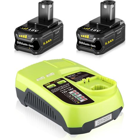 2er-Pack P108 18 V 5,5 Ah Lithium-Ersatzakkus & P117B 3 A Schnellladegerät mit USB-Anschluss, kompatibel mit Ryobi 18 V P102, P109 und Ryobi 18 Volt Plus Elektrowerkzeugen. (1/5)