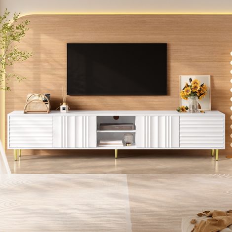 TV-Lowboard - 200 x 35 x 45 cm - 4 grifffreie strukturierte Türen offenes Fach - moderner Stil - MDF - weiß (1/5)