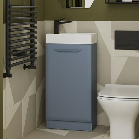 Signature Scribe Floor Standing 1-Door Vanity Unit with Basin 410mm Wide - Matt Misty Blue (1/3)