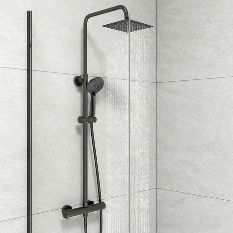 Colonna doccia termostatica nero con miscelatore 38 ° C, Set doccia regolabile in altezza 72-125cm,Sistema doccia a testa quadrato per bagno