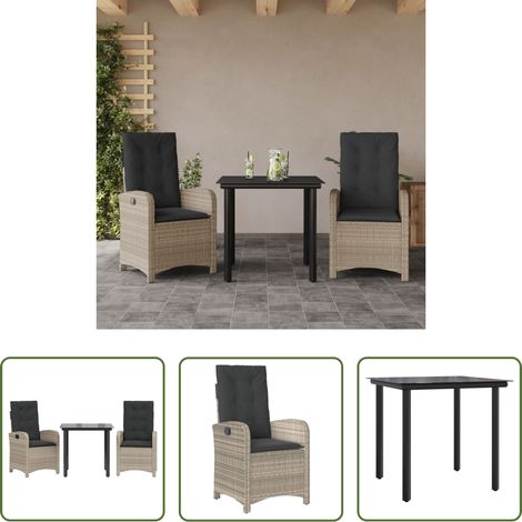 vidaXL Gartenessgruppe - 3-tlg. Garten-Essgruppe mit Kissen Hellgrau Poly Rattan (1/5)