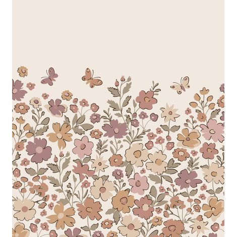 papier peint panoramique fleurs mauve violet, vert grisé et terracotta - ESTAhome (1/4)