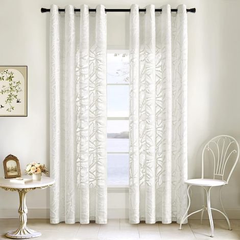 Rideau Voilage Polyester Broderie Feuilles Oeillets Métalliques Pour Salon Chambre Blanc Lot De 2 Pièces 140x240 Cm (1/5)