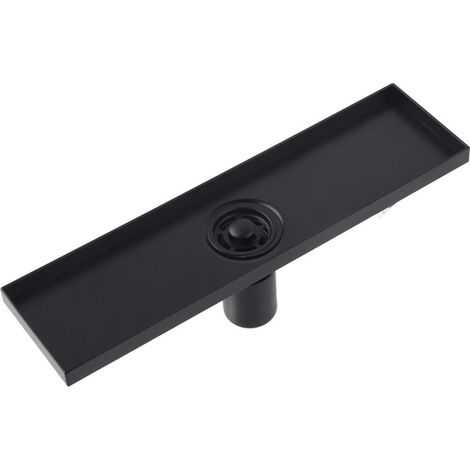Matte black floor drain with removable grate cover. Rectangular square shower drainage system accessory for tiled floors. 11.8x3.1x3.8in (1/5)