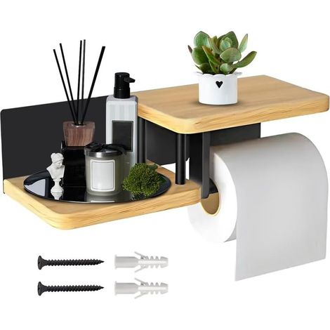 Porte Papier Toilette Mural En Bois [Sans Percage] Derouleur Papier Toilette De Haute Qualité Avec Étagères Noir Porte Rouleaux De Papier Toilette (1/5)