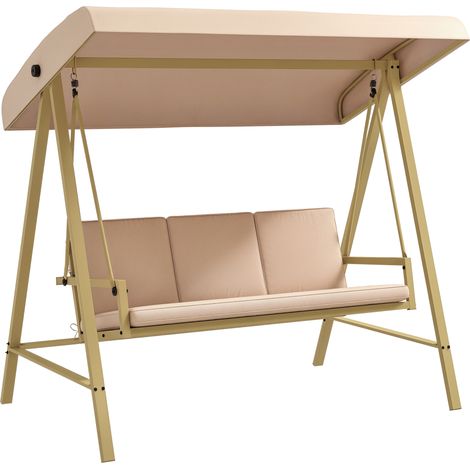 Dondolo 3 Posti con Tettuccio Inclinabile e Cuscini, in Acciaio e Textilene, 200x125x175 cm, Beige e Marrone