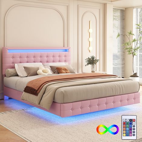 Lit double capitonné 140x200 cm - avec éclairage LED et tête de lit réglable, sommier à lattes, cadre de lit suspendu, lit adulte style Scandinave - Rose (1/5)