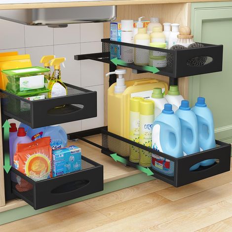 Rangement sous Evier - Organisateur Cuisine en Métal 2 Niveaux avec Hauteur Réglable - Salle de Bain et Plan de Travail - Rangement et Organisation de Cuisine (Noir, 1 Paquet) (1/5)