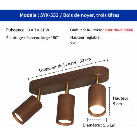 Spot de plafond orientable en saillie 3 têtes 21W faisceau diffus 4000K finition noyer 21 4000k réf 1438 2,5 kg – Livraison gratuite
