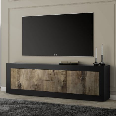Meuble TV 2 portes - 2 tiroirs noir et bois 210cm CALIA (1/5)