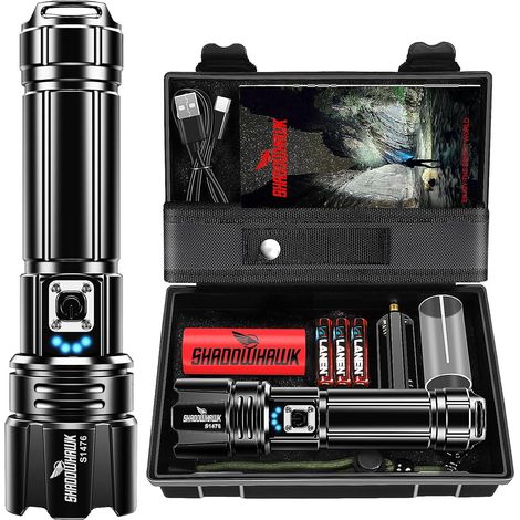Lampe Torche LED Ultra Puissante, 1,000,000 Lumens Lampe de Poche Rechargeable, Lampe Tactique XHP70.2, IP67 Étanche 5 Modes D'éclairage pour Camping Randonnée Urgence (1/5)