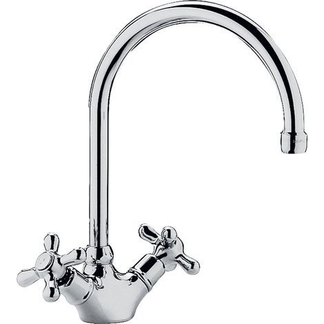 Mitigeur évier vintage à double levier, bec haut orientable à 360°, finition chromée, corps en laiton, design intemporel. (1/5)