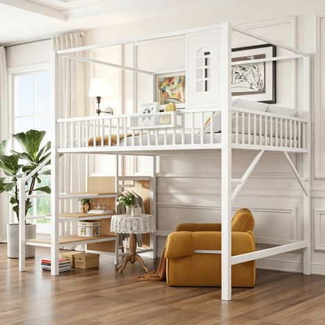 Lit Mezzanine 2 Places 140x200 cm en Métal avec Escalier de Rangement, Penderie et Garde-Corps, Lit Gain de Place Adulte - Blanc (1/5)