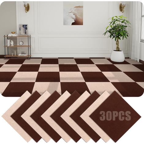 Lot de 30 carreaux de moquette autocollants 30 x 30 cm pour moquette, carrelage, pour bureau, salon, balcon (marron et kaki) (1/5)