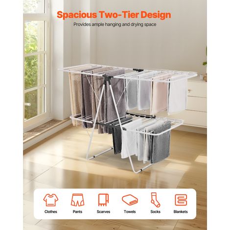 Étendoir à Linge Pliable, Séchoir à Linge sur Pied à 2 Niveaux, avec Pinces à Chaussettes et 31 Barres de Séchage, en Métal, Stable… (1/5)