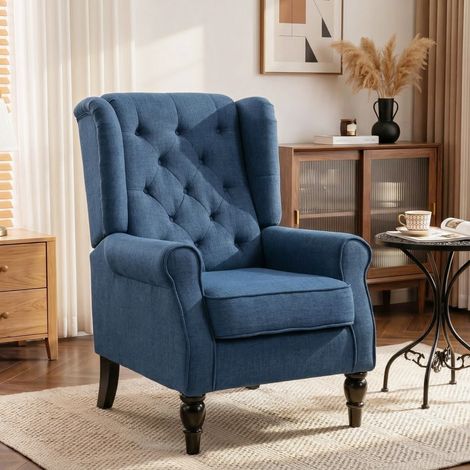 Fauteuil de salon - HOMCOM - avec assise large, pieds en bois, style classique, grand confort - polyester - 74x86x102cm - bleu