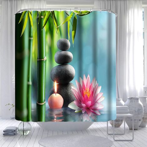Rideau Douche Bambou, Rideau Douche Zen, Salle de Bain Rideau Douche Anti Moisissure 120x180 Pierre Fleur Bambou Lavable (1/5)