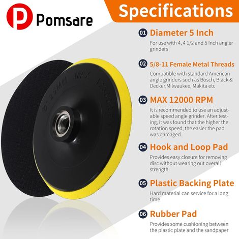 Disque de ponçage pour bois (5 pouces) pour meuleuse d'angle – Lot de 50 accessoires de polissage avec filetage 5/8-11, plateau de ponçage pour polissage du bois... (1/4)