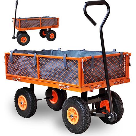 Carretilla de jardín FUXTEC FX-GW350 con paredes laterales abatibles para cierre rápido, carga máxima de 150 kg, neumáticos XXL, lona interior de poliéster práctica y manejable.