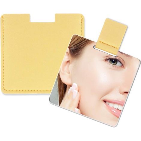 Piccolo specchietto ultrasottile in acciaio inossidabile infrangibile con custodia in similpelle può essere utilizzato come specchietto per il trucco, da tasca o portatile (giallo) (1/5)