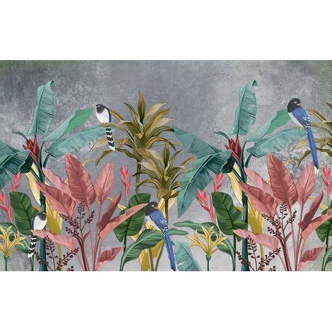 Papier peint panoramique - Feuilles Tropicales Oiseaux - 130 cm x 83 cm (1/2)