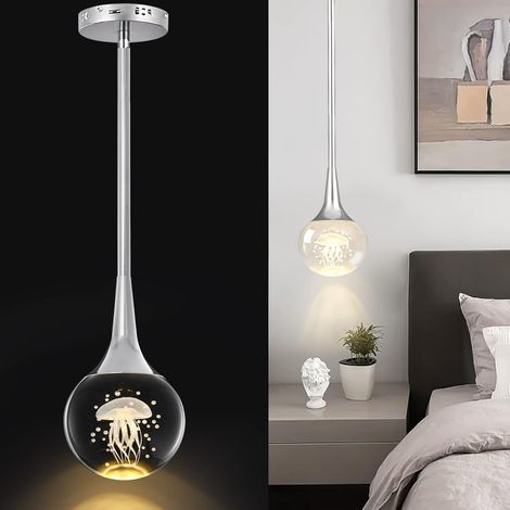 Ganeed Mini Pendant Light, 5W Globe Metal Rod Pendant Lighting, Teardrop Crystal Pendant Light with Jellyfish, 1-Light Modern LED Hanging Light Fixture, Kitchen Bar Bedroom Lights, Warm Light/Chrome (1/5)