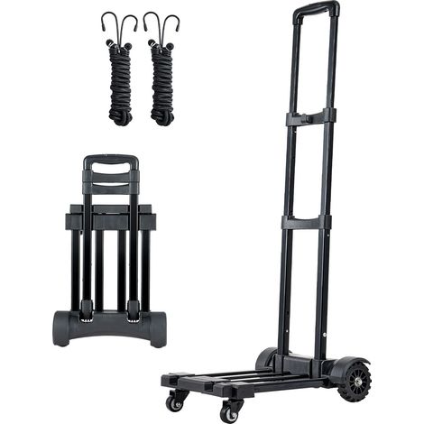 Chariot pliant, capacité 131,5 kg, diable à 4 roues, 2 sangles élastiques et base extensible, pour bagages, bureau et déménagement, noir. (1/5)