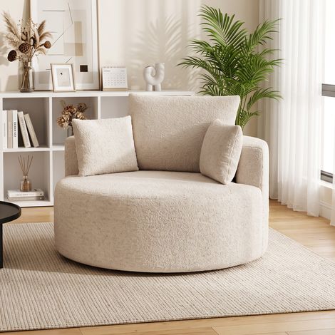 Pouf Ottoman Rond Velours Chenille, Siège Large 250kg, Canapé Modulable avec 2 Coussins & Dossier, 130x130x82cm, Ton Crème (1/5)