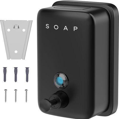 Distributeur de Savon Mural Noir 500 ML - Savon Liquide, Shampooing, Liquide Vaisselle - Métal Brossé Anti-Rouille - Distributeur Savon INOX Encastrable - Salle de Bain, Cuisine - SP501 (1/5)