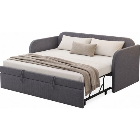 Canapé-lit extensible 90 x 190 cm en tissu gris, avec lattes, dossier à bandes verticales, 2 couchages 180 x 190 cm, pour chambre et salon  CHICFURN (1/5)