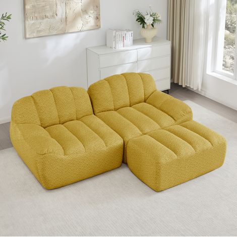 Canapé d'angle modulaire 2 places en polaire granulée jaune, sans structure, avec ottoman, sans montage (1/5)