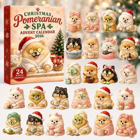 Adventskalender 2026 mit Zwergspitz im Pyjama – 2D-Überraschungsbox
