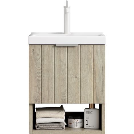 CHICFURN Mueble lavabo baño 42 x 32 x 48 cm cerámica blanco roble crema, mural (1/5)