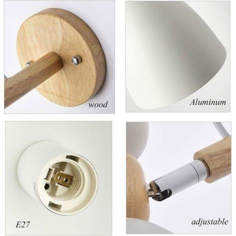 Applique murale en bois - - Interrupteur à tirette - Rotative - E27 - Max 40W - Blanc - Aluminium et bois - Moderne (1/4)