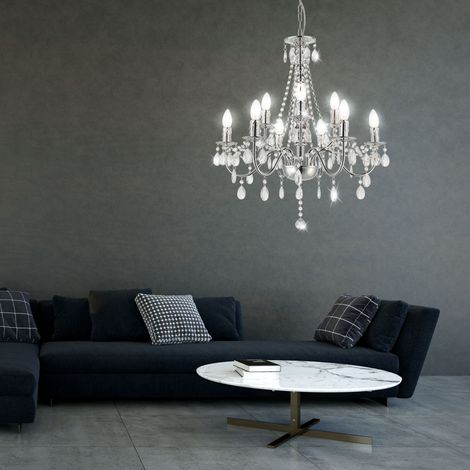 Etc-Shop – Lustre chromé 9 lumières E14 – Cristaux acryliques clairs – Diamètre 63 cm – Hauteur 153 cm – Pour salon et salle à manger