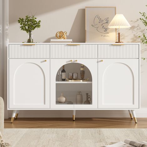 Buffet 140 x 40 x 85,5 cm, 4 portes transparentes en acrylique, 3 tiroirs et grand rangement pour salon, poignées métal, pieds bois, blanc (1/5)