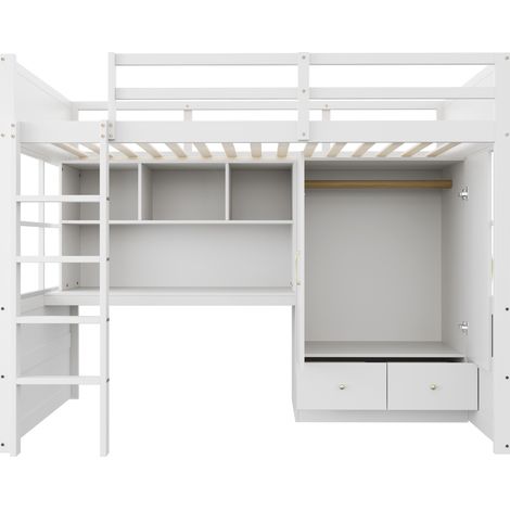 Cama alta 90 x 200 cm blanca con escritorio, armario y cajones (1/5)