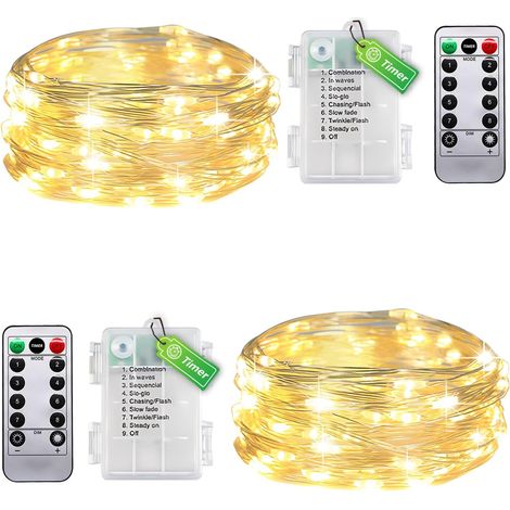 - Lot de 2 guirlandes lumineuses filaires pour intérieur avec piles, minuteur et télécommande - 5 m 50 LED blanc chaud - Petite guirlande lumineuse pour chambre à coucher, Noël, mariage