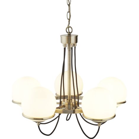 Searchlight Sphere - Sospensione a soffitto a 5 luci multibraccio bianco, ottone antico, attacco E14 (1/4)