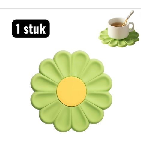 Dessous de plat et dessous de verre en silicone vert motif marguerite résistant à la chaleur protection décorative pour table et plats chauds (1/5)