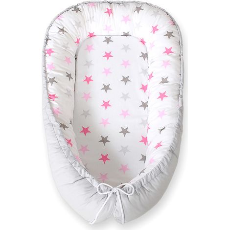 Babykokon, doppelseitig, Laufstall, Wickeltuch, Premium BOBONO - rosa-grau/graue Sterne (1/5)