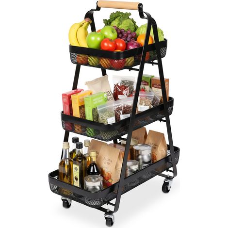 Carro Relaxdays, 3 niveles, metal, asa de madera, 84,5 x 57 x 31 cm, 4 ruedas, cocina, baño, carrito, negro